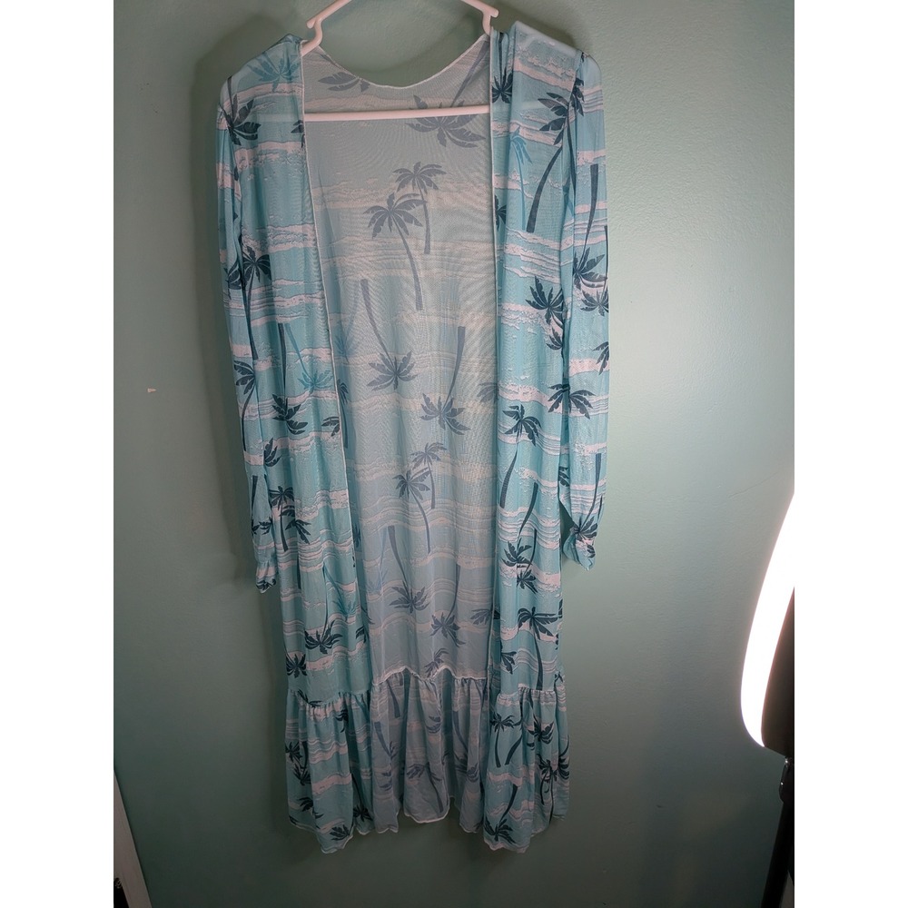 Womens Light Blue Palm Tree Mesh Duster Cardigan Ruffle Hem Cover Up Large